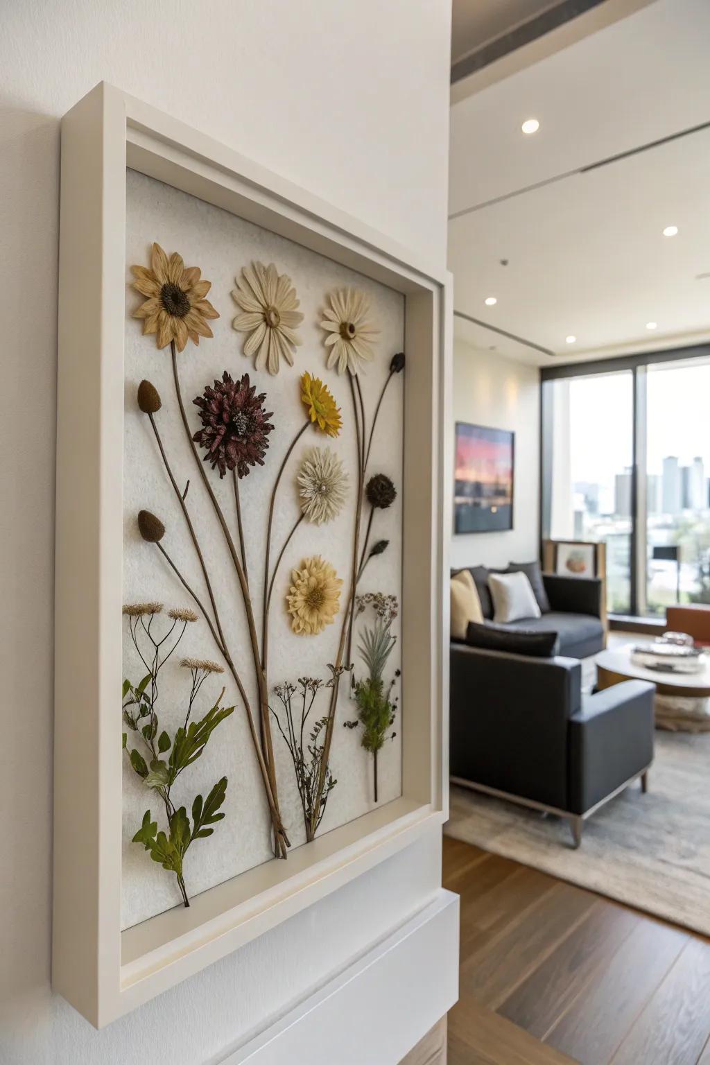 Establish harmony through a symmetrical dried flower arrangement.