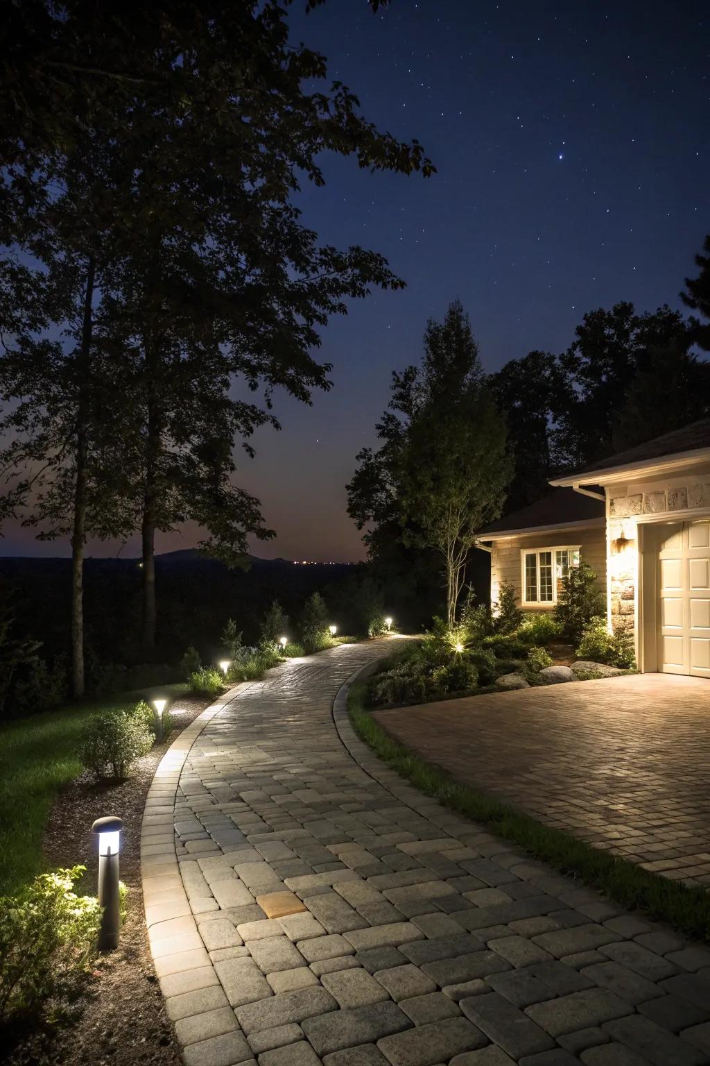 Paver lighting adds evening charm and safety to driveways.