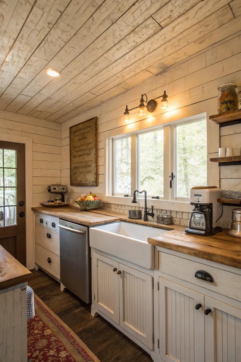 Farmhouse appeal with lap board ceiling boards.