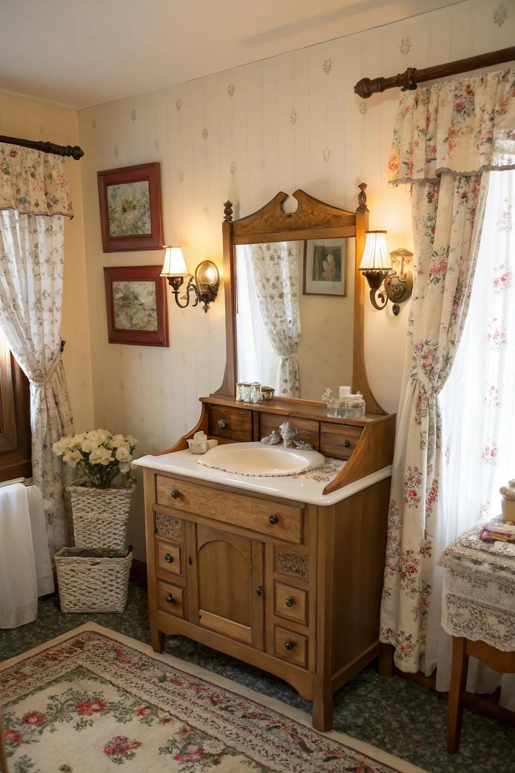 A vintage water closet table becomes a charming dressing table with a mirror.