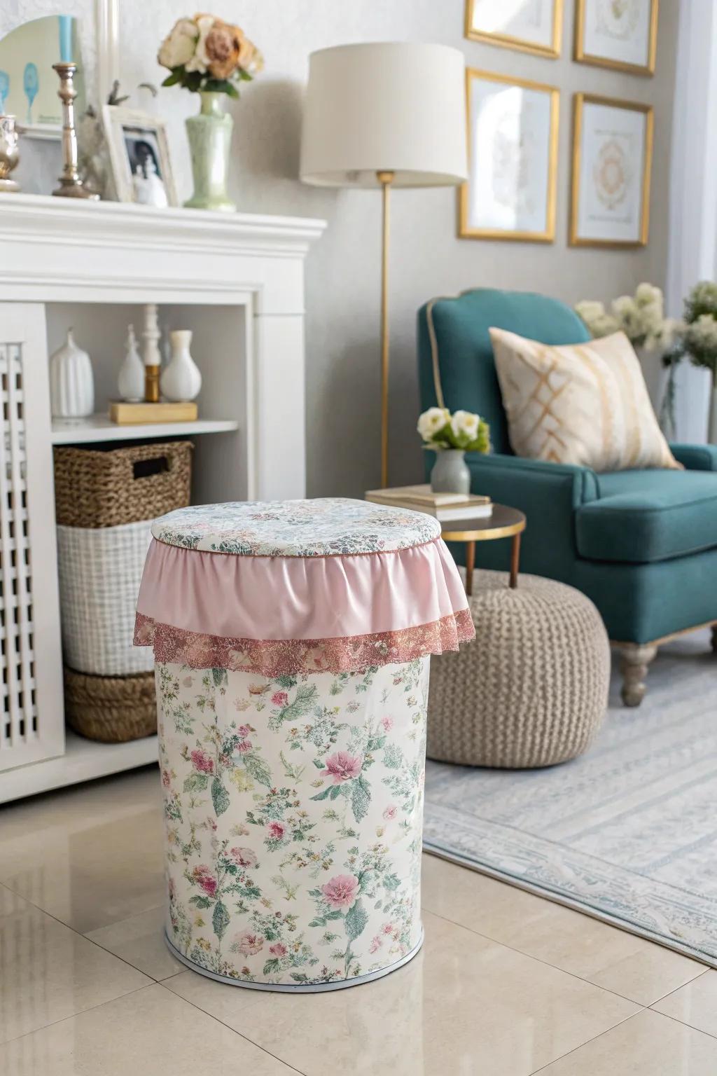 Adorned material wraps inject flair into indoor refuse containers.