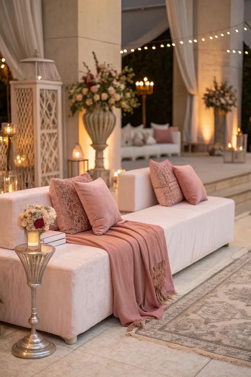 Inviting relaxing area accented with antique rose.
