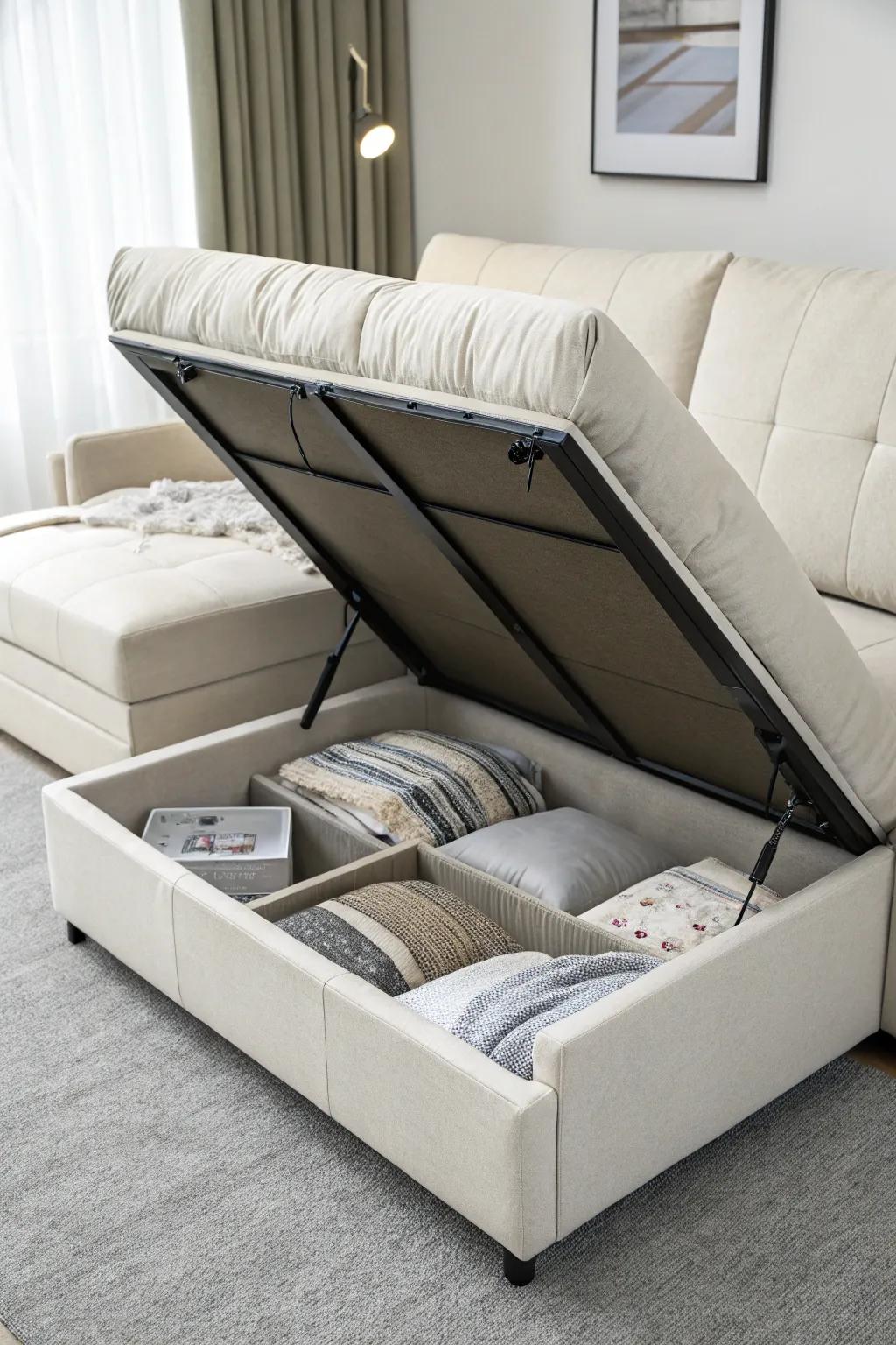 A two-way sofa provides dual functionality and storage.