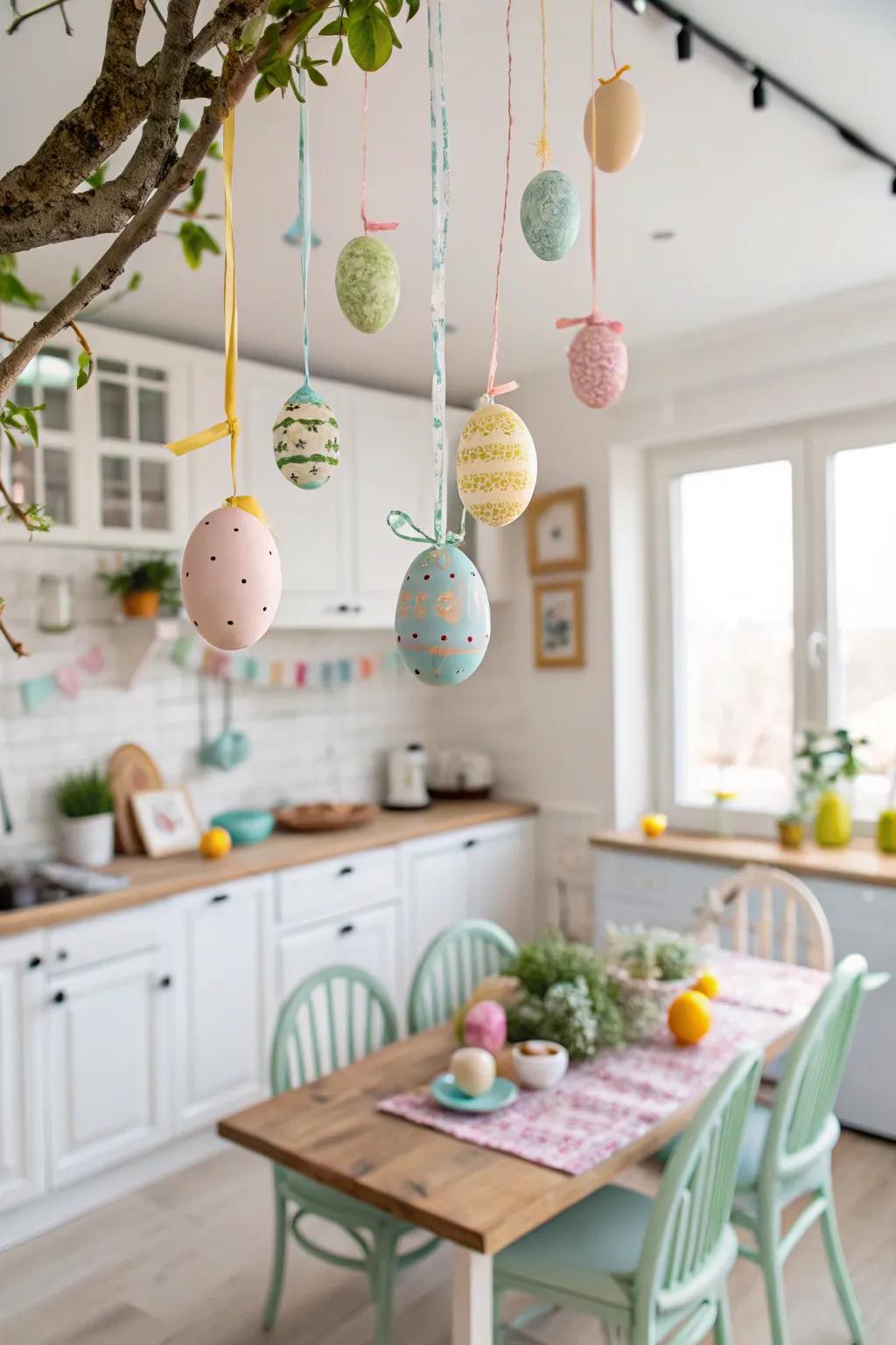 Suspended Easter eggs cultivate a whimsical and eye-catching aesthetic component.