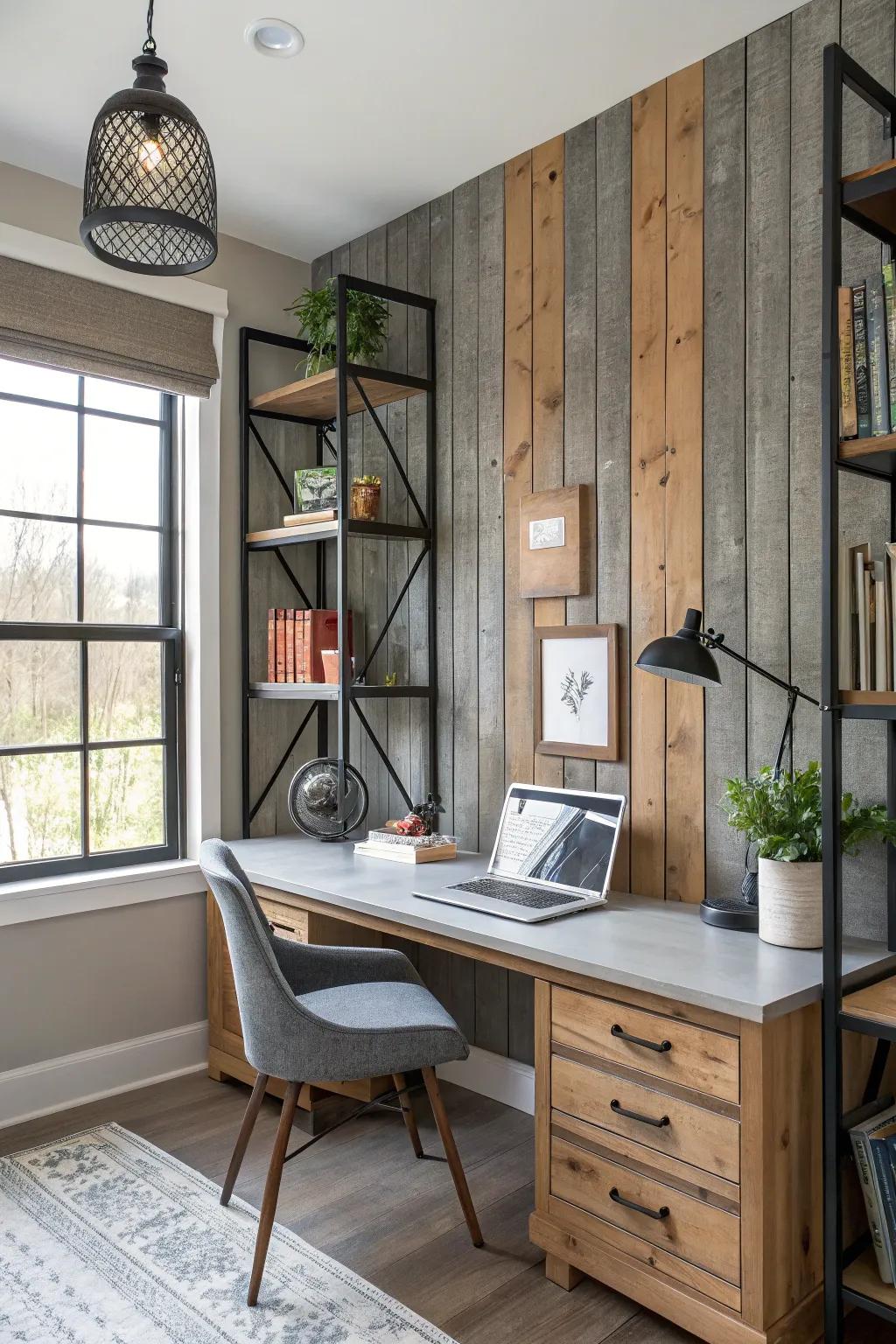 Combined material walls create a dynamic and industrial aesthetic.