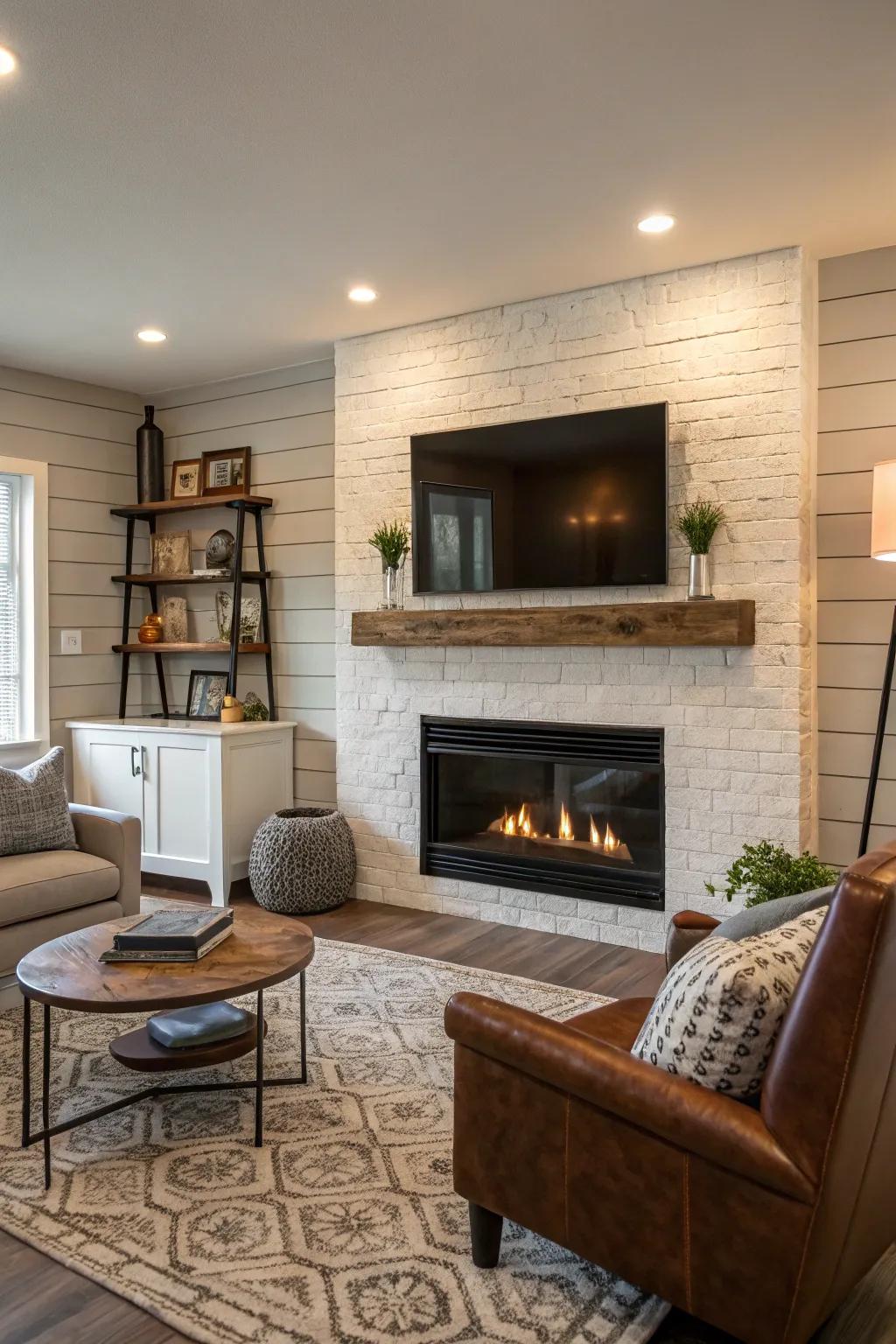 A living room features a textured shiplap fireplace wall and modern decor.