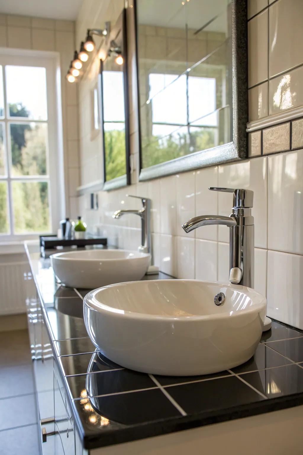 High-shine finishes inject sophistication into this elegant bathroom.