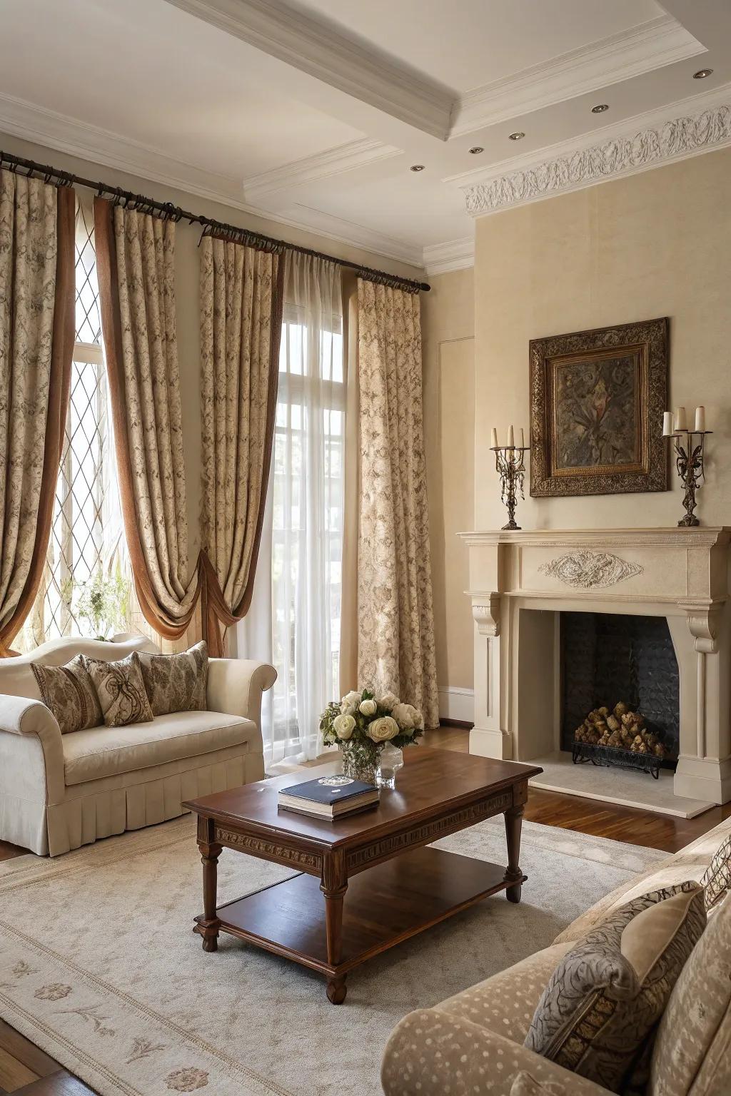 Blending materials adds texture and depth to curtains.