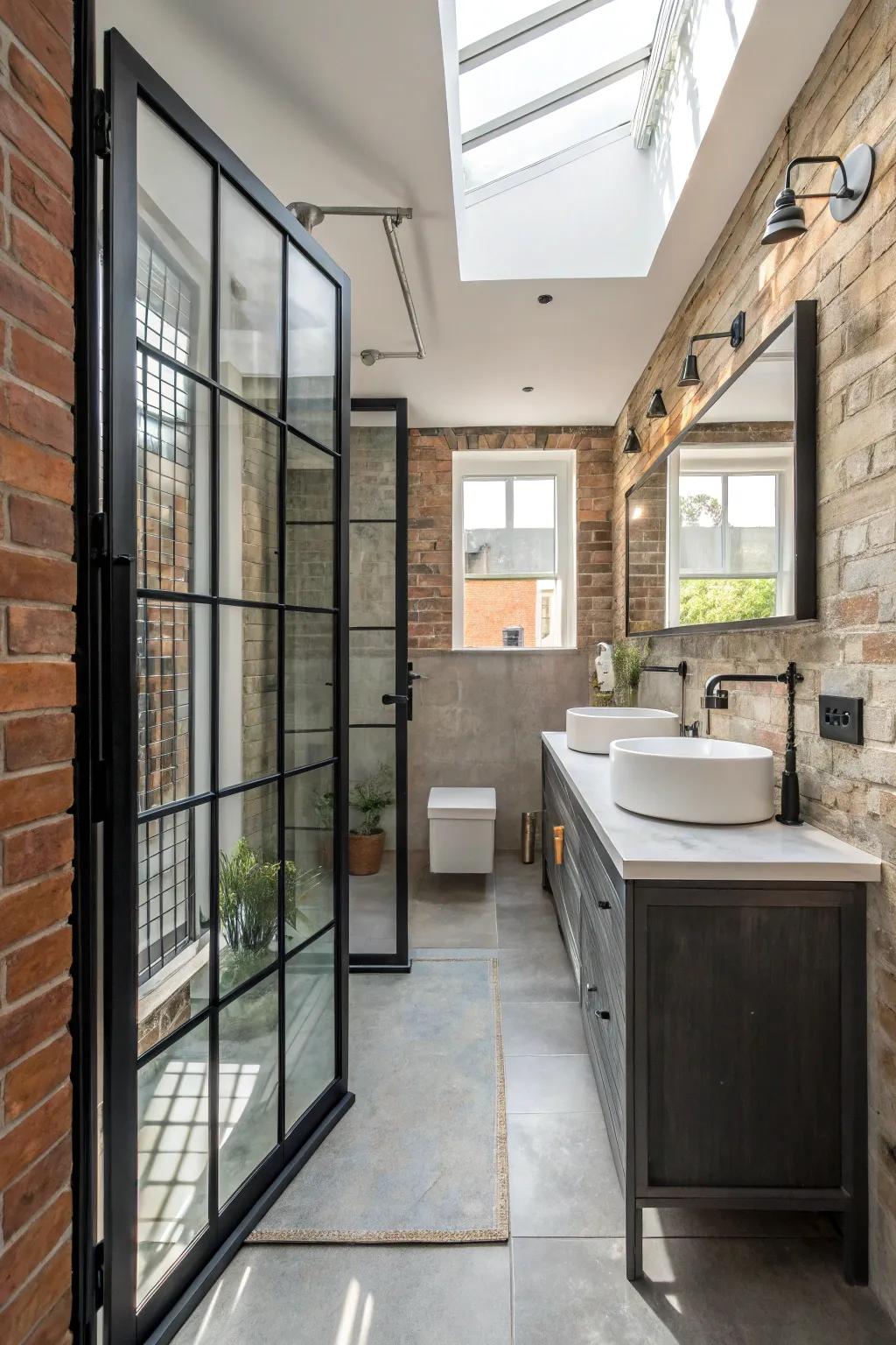 Crittall-style doors mix style and function in this modern bathroom.
