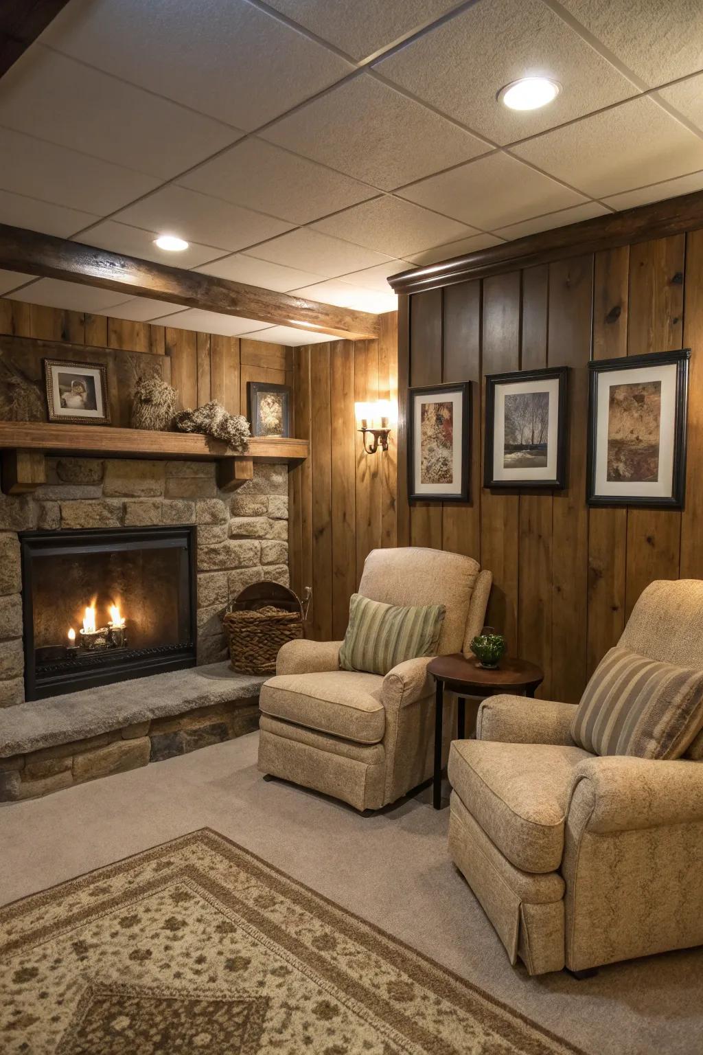 Congregate around warmth through a basement-level hearth.