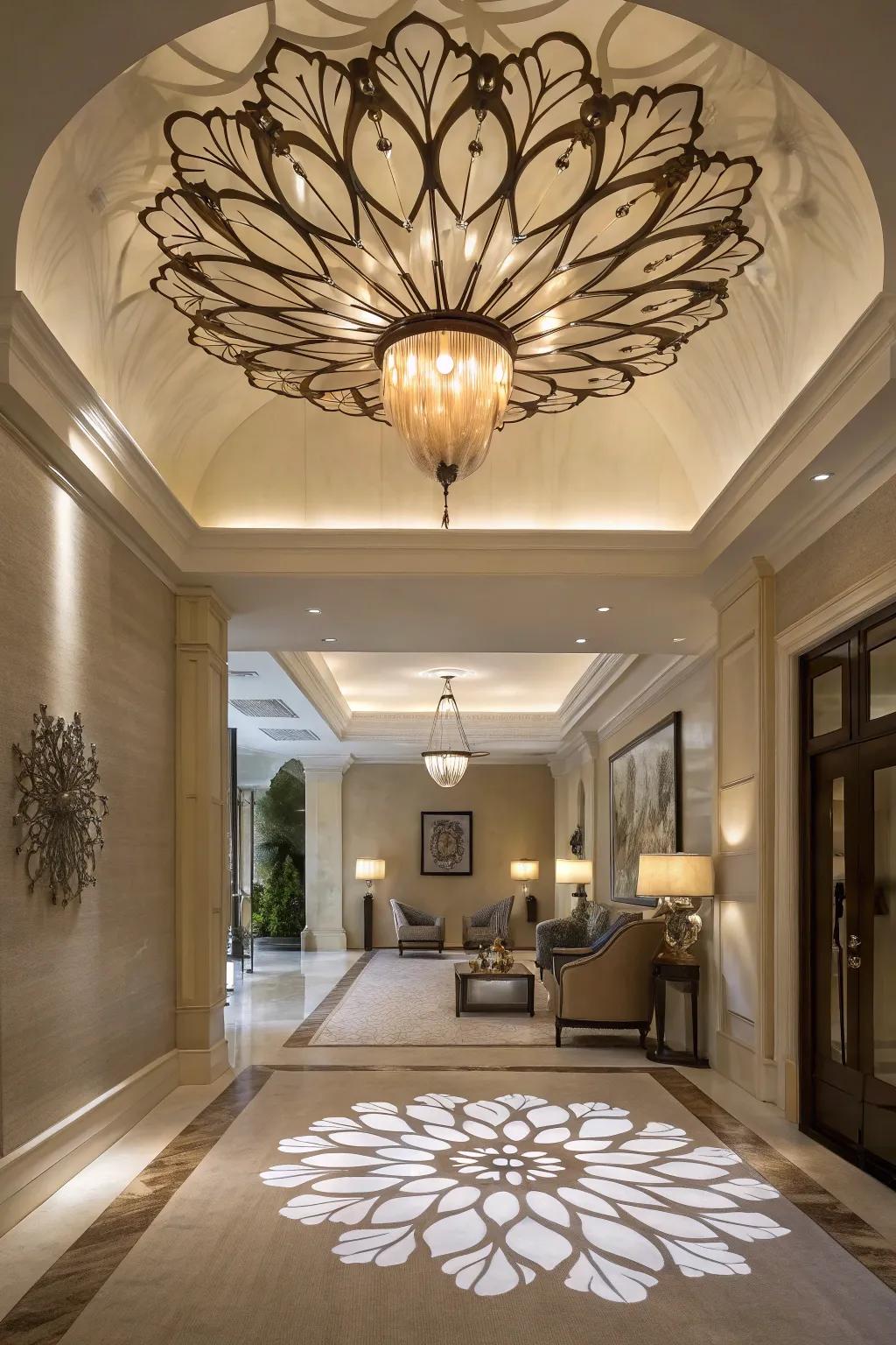 A sculptural ceiling fixture creates a dramatic effect in this entrance.