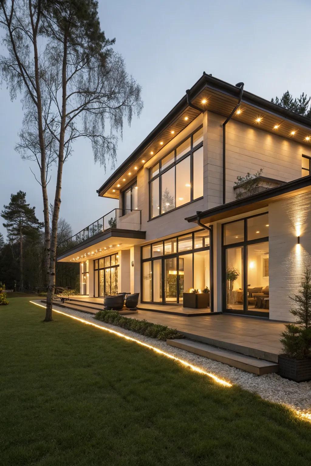 A modern home featuring smart outdoor lighting features.