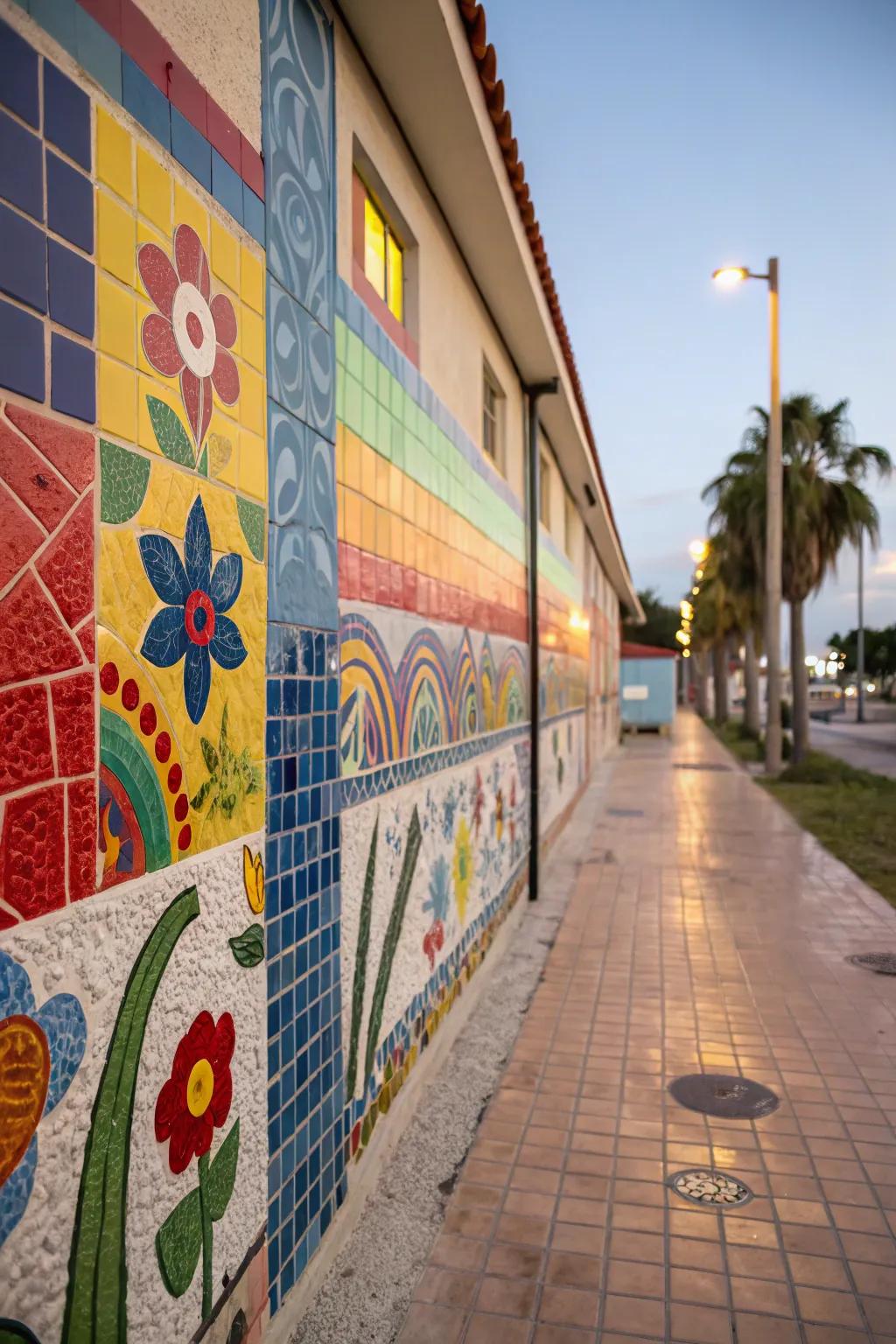 Mosaic cladding adds a vibrant and playful touch.