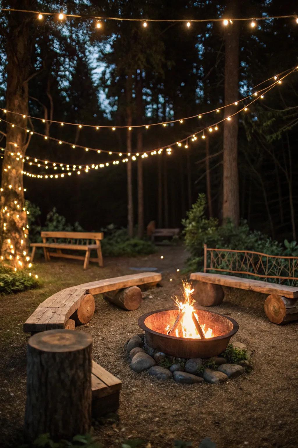 Twinkle lights around a fire pit enhance the cozy ambiance.