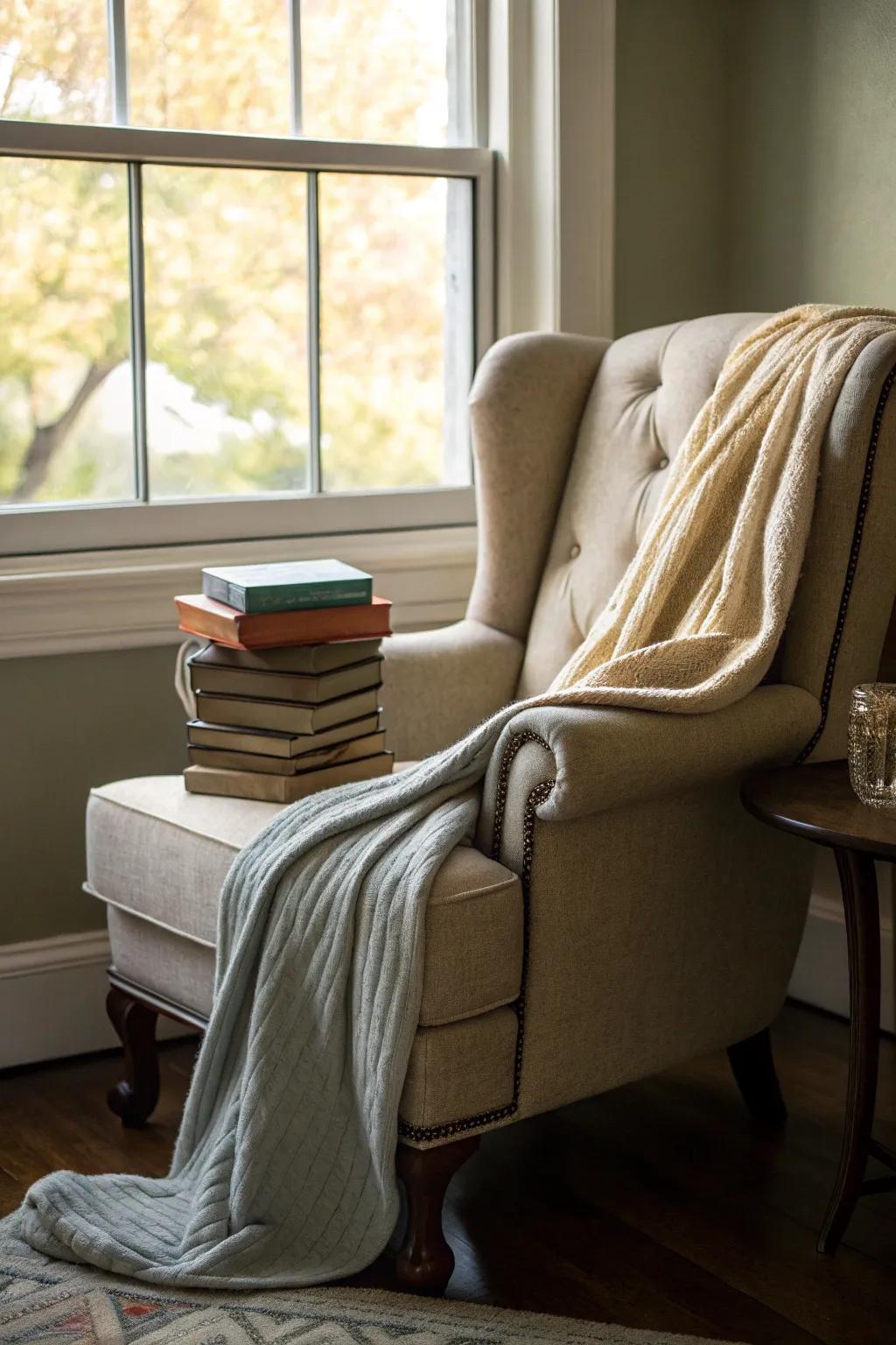 A reading nook offers a peaceful retreat within your family room.
