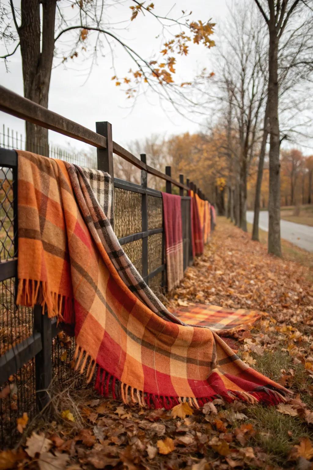 Plaid fabric in autumn colors creates a cozy aesthetic on a fence.