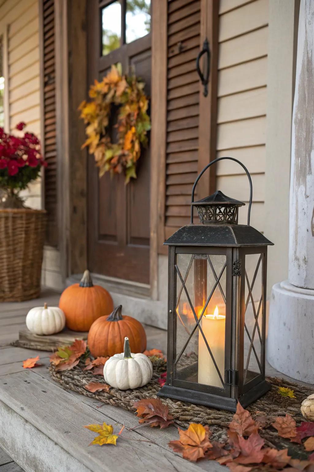 A vintage lantern casts a warm glow for fall evenings.