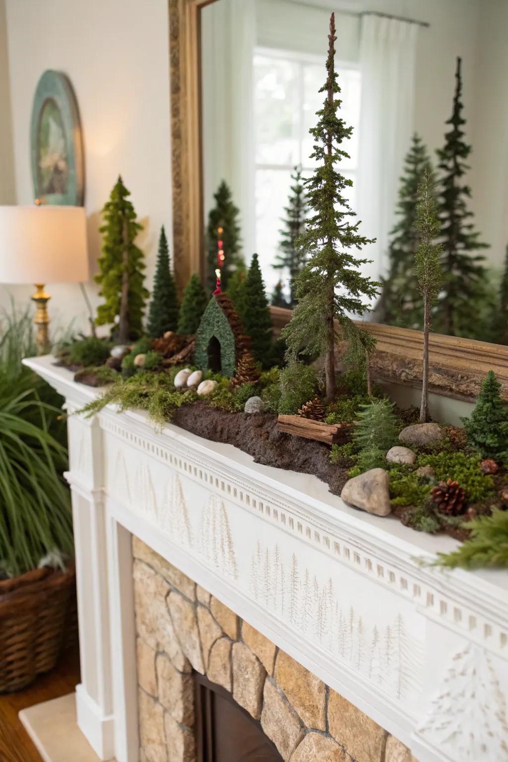 A whimsical fall mantel with a miniature forest vista.