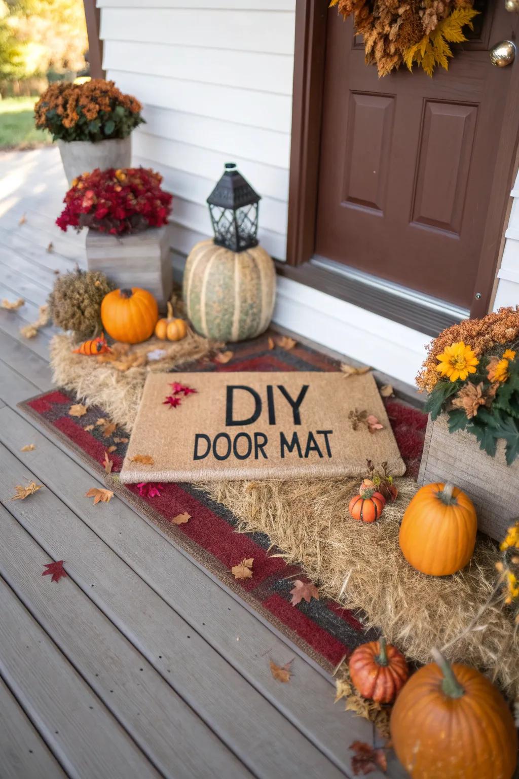 A hand-crafted portal mat appends a personal and welcoming accent to the fall setup.