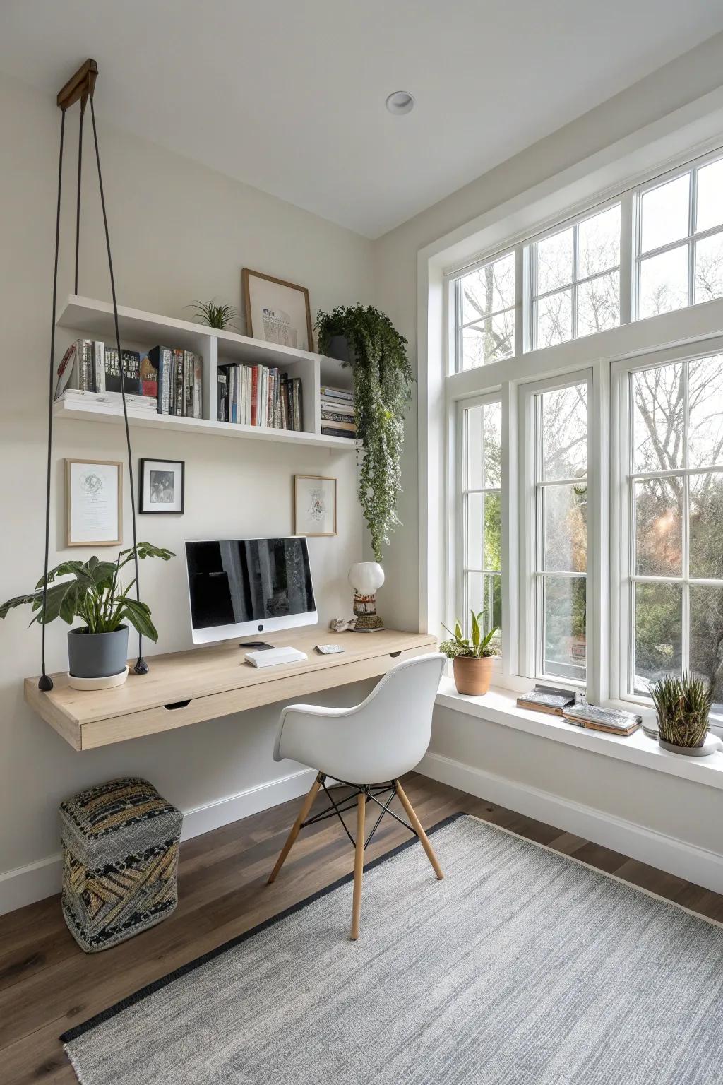 A floating desk offers modern functionality and design.