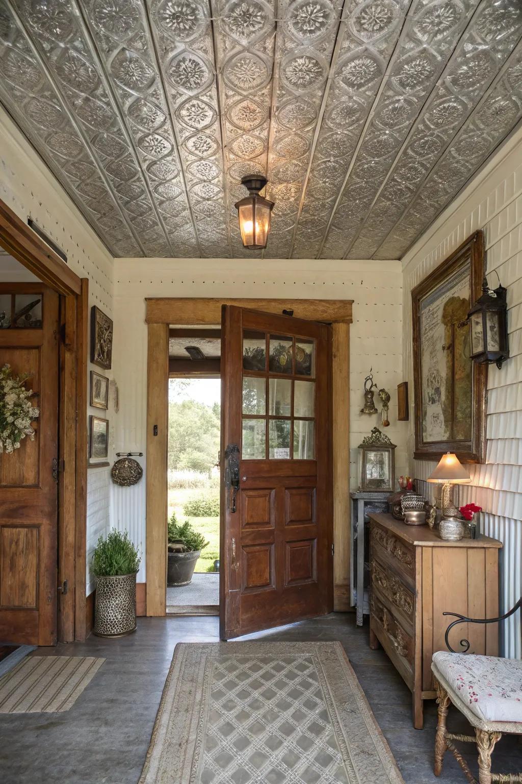 Pressed metal panels radiate nostalgia and elegance in this farmhouse entryway ceiling.
