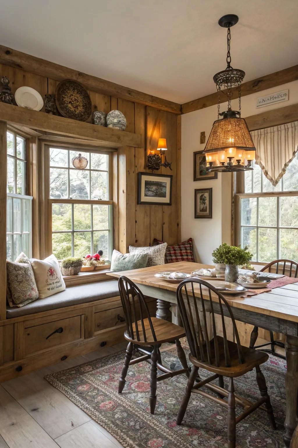 A window bench infuses a snug and inviting touch to this farmhouse dining space.