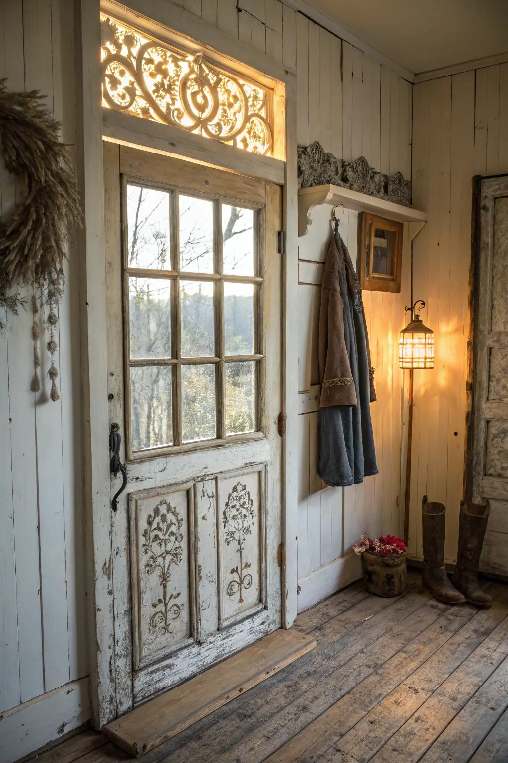 A farmhouse entryway featuring unique window frame decor.