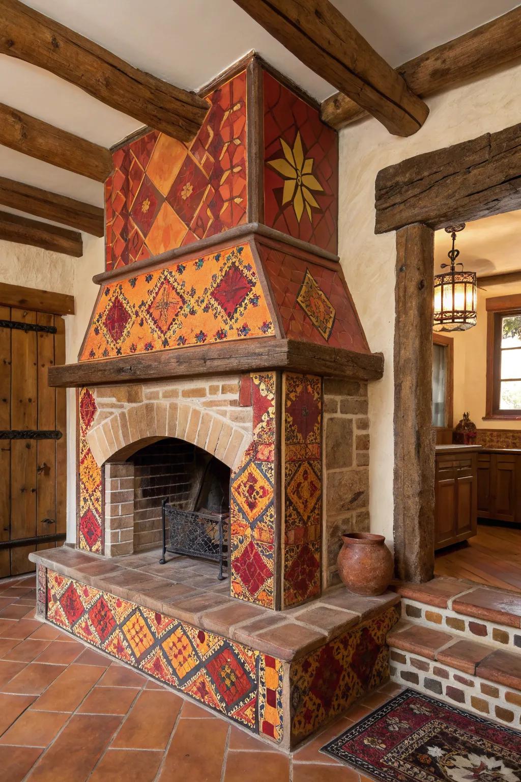 Desert-inspired colors add style to a farmhouse fireplace.