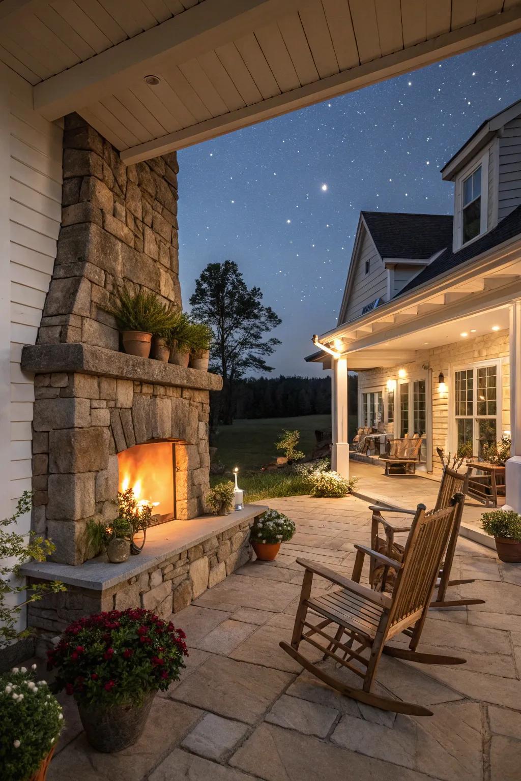 A rustic outdoor fireplace creates a cozy spot for friends to gather.