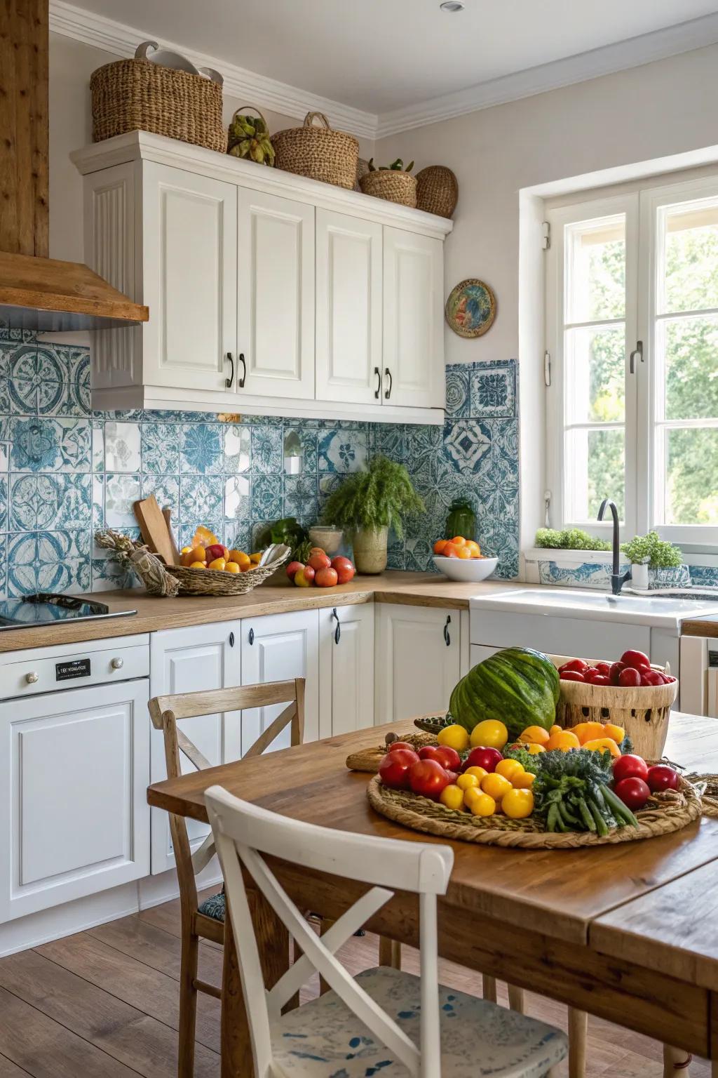 A blue covering adds a vibrant splash of color to this farmhouse kitchen.