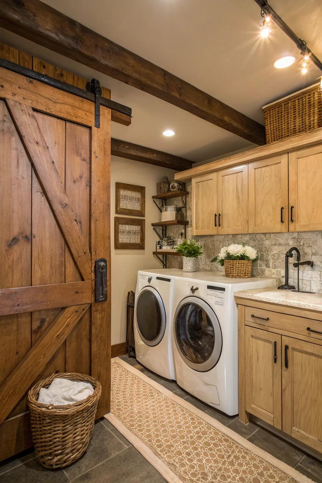 Barn door cabinets infuse this laundry room with country charm and style.