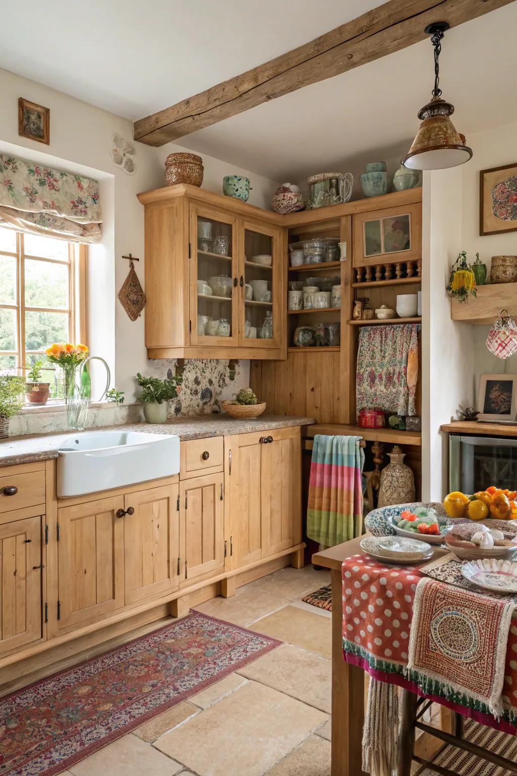 Diverse design includes personality to a cooking area with pale timber fittings.