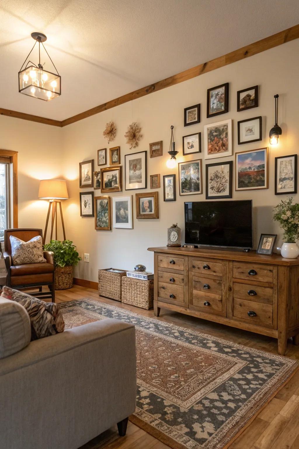 A gallery wall injects character and personalization to this farmhouse living area.