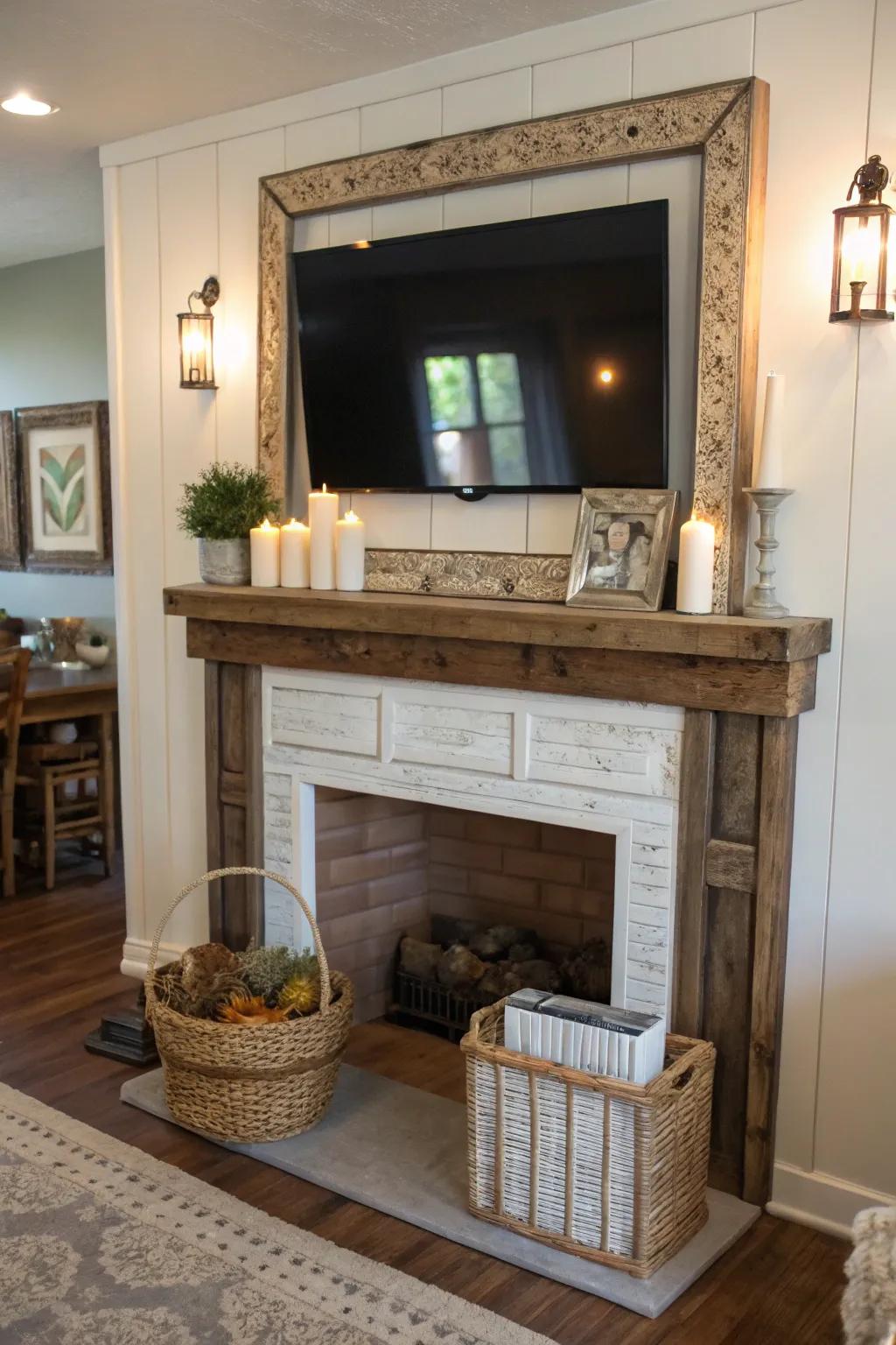 A farmhouse mantel beneath a TV, enhanced by a stylish false trim.