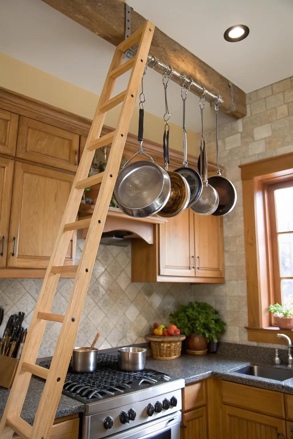 Hanging kitchen pot and pan rack from a repurposed ladder