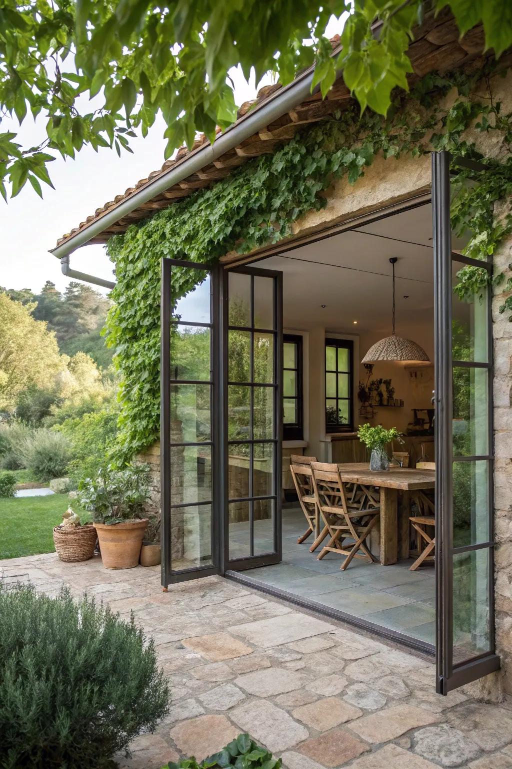 Glass doors create a smooth transition between indoor and outdoor spaces.