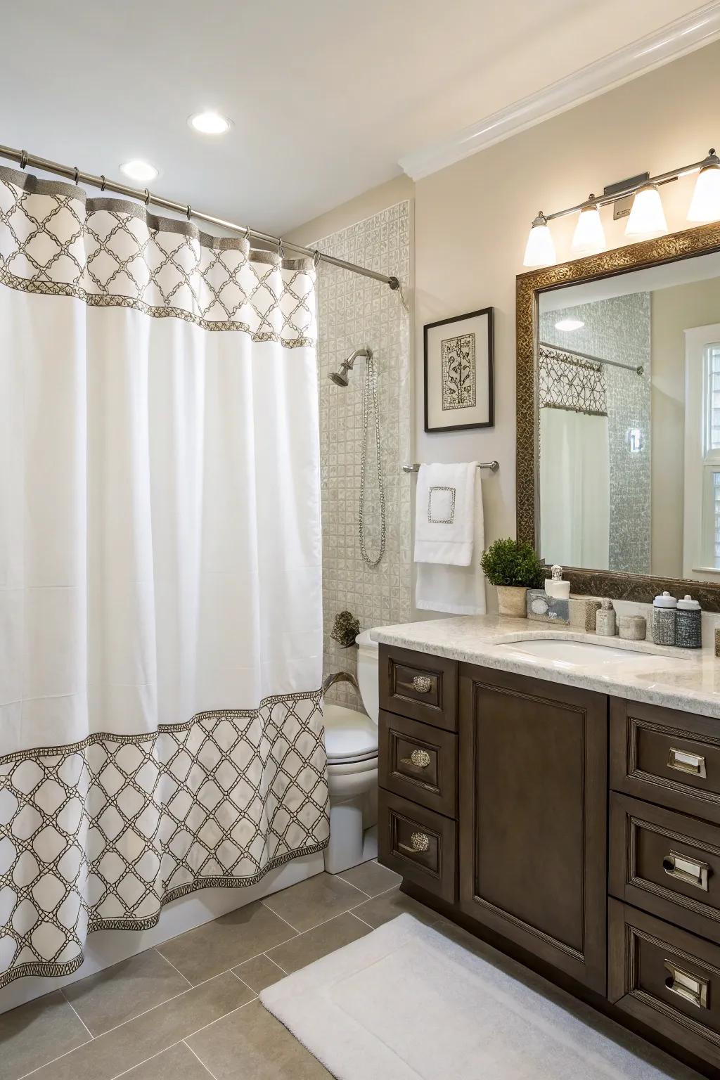 A bathroom with a rod sleeve shower curtain offering elegance and functionality.
