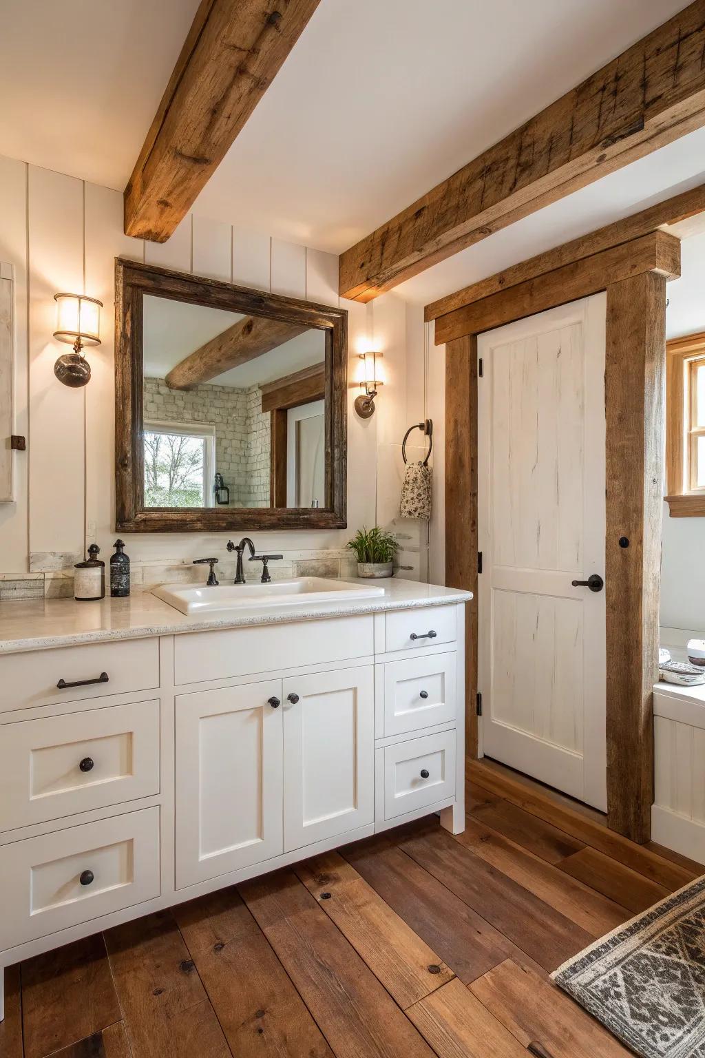 White shaker cabinets offer a classic look in this farmhouse bathroom.