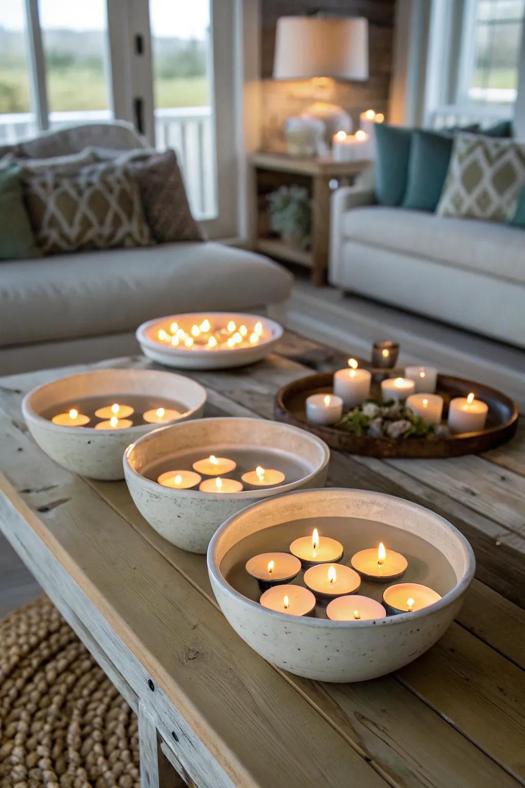 Drifting lights in bowls create a serene and beautiful atmosphere.