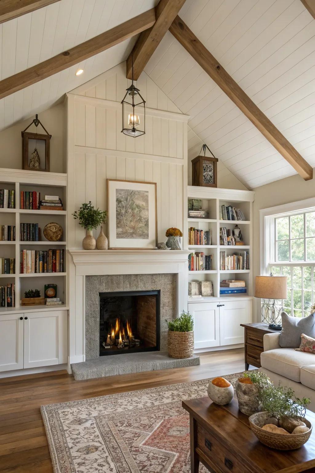 Open shelving showcasing personal items in a farmhouse living space.