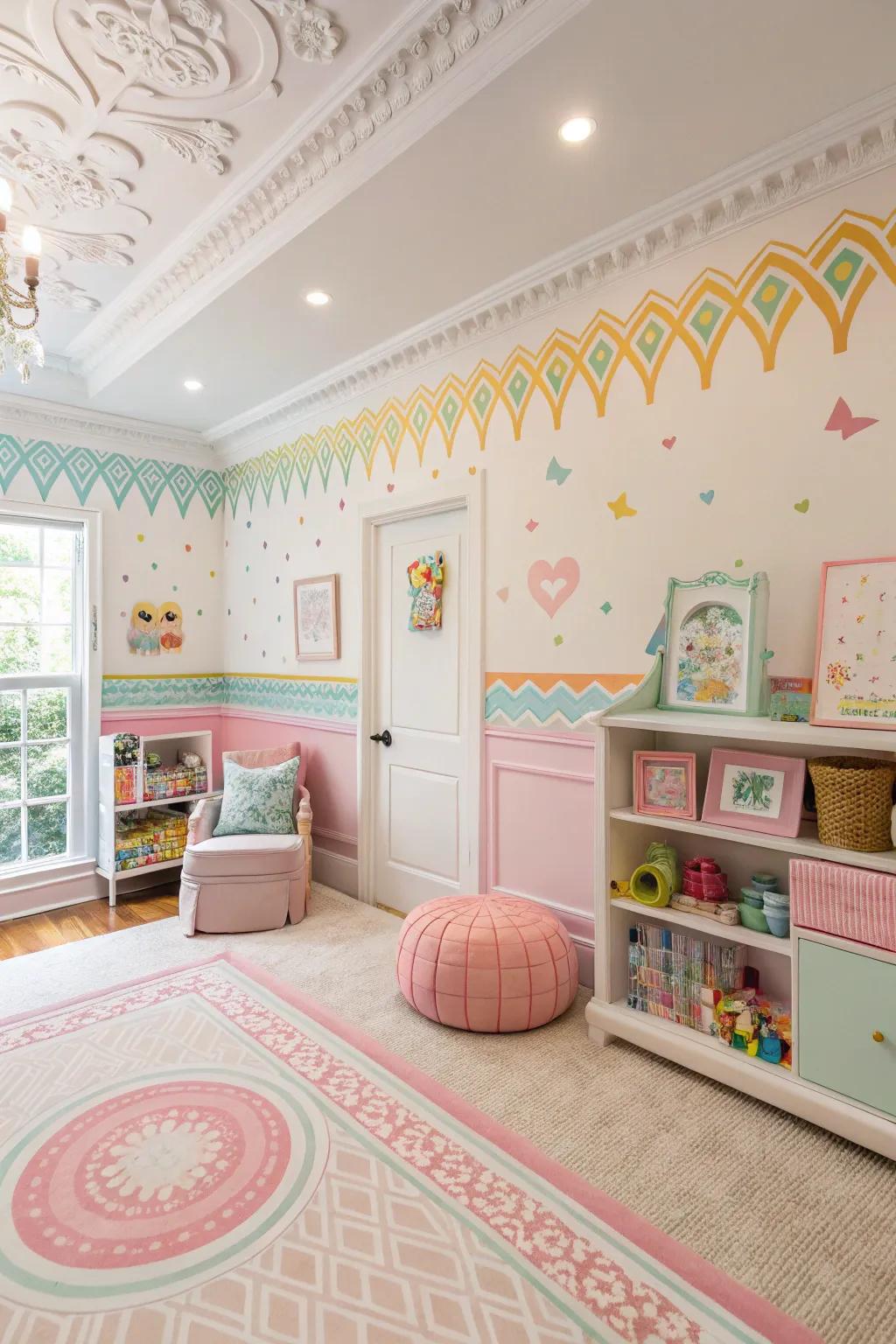 Playful wall designs using simulated crown accents.