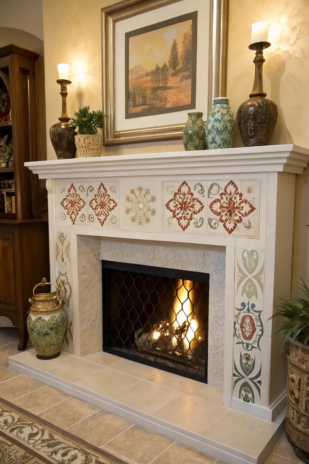 A show fireplace with painted design.