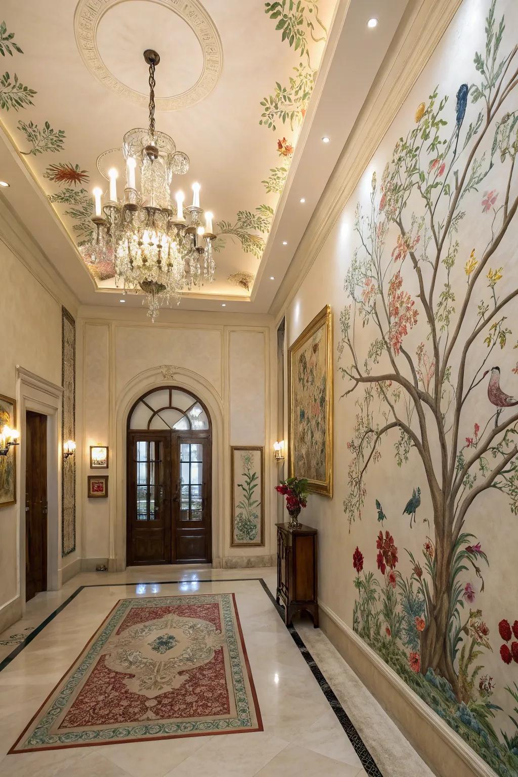 A hand-painted art creates a grand and captivating entrance.