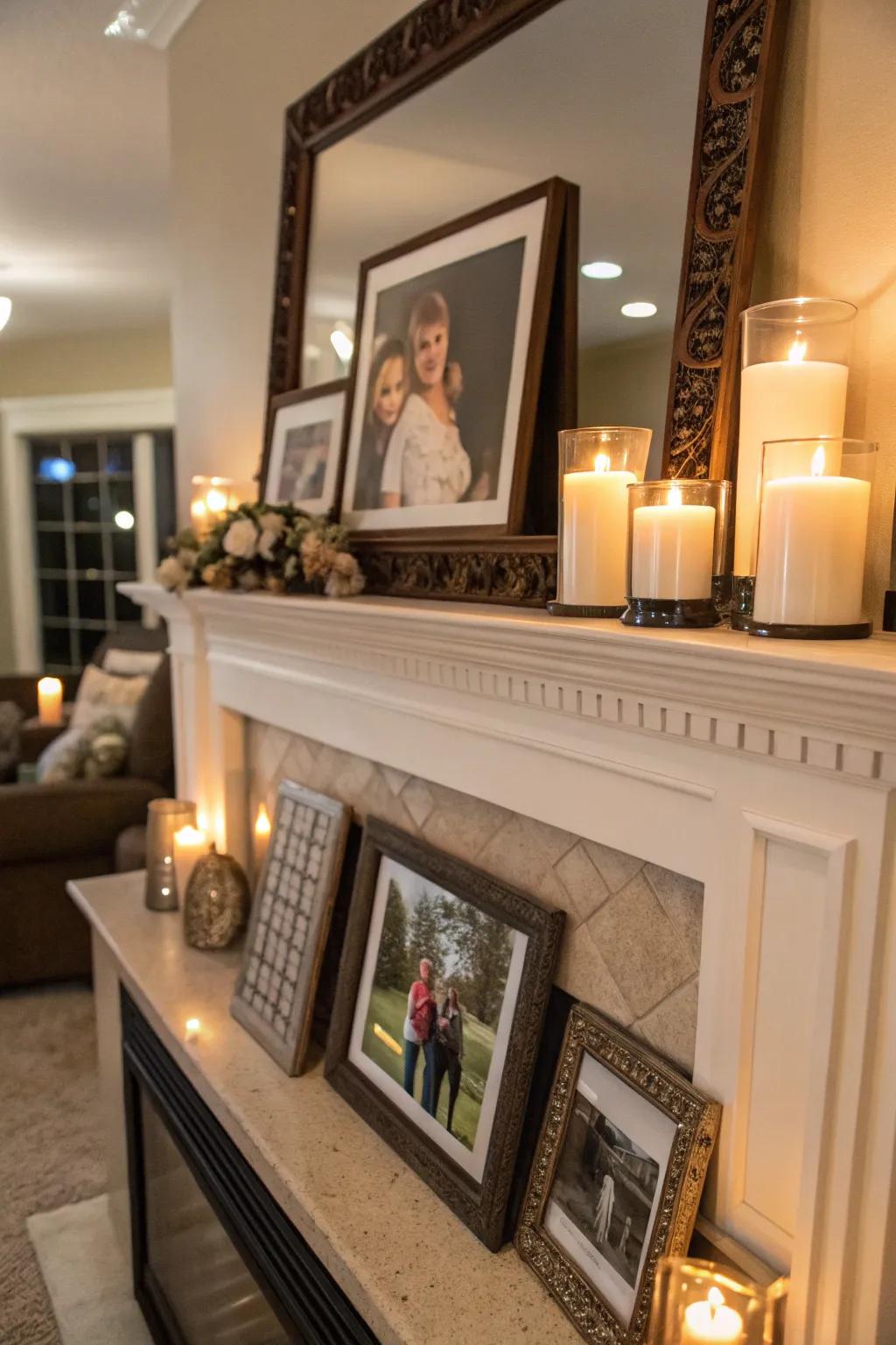 Household portrait display injects a personal accent into the mantel.