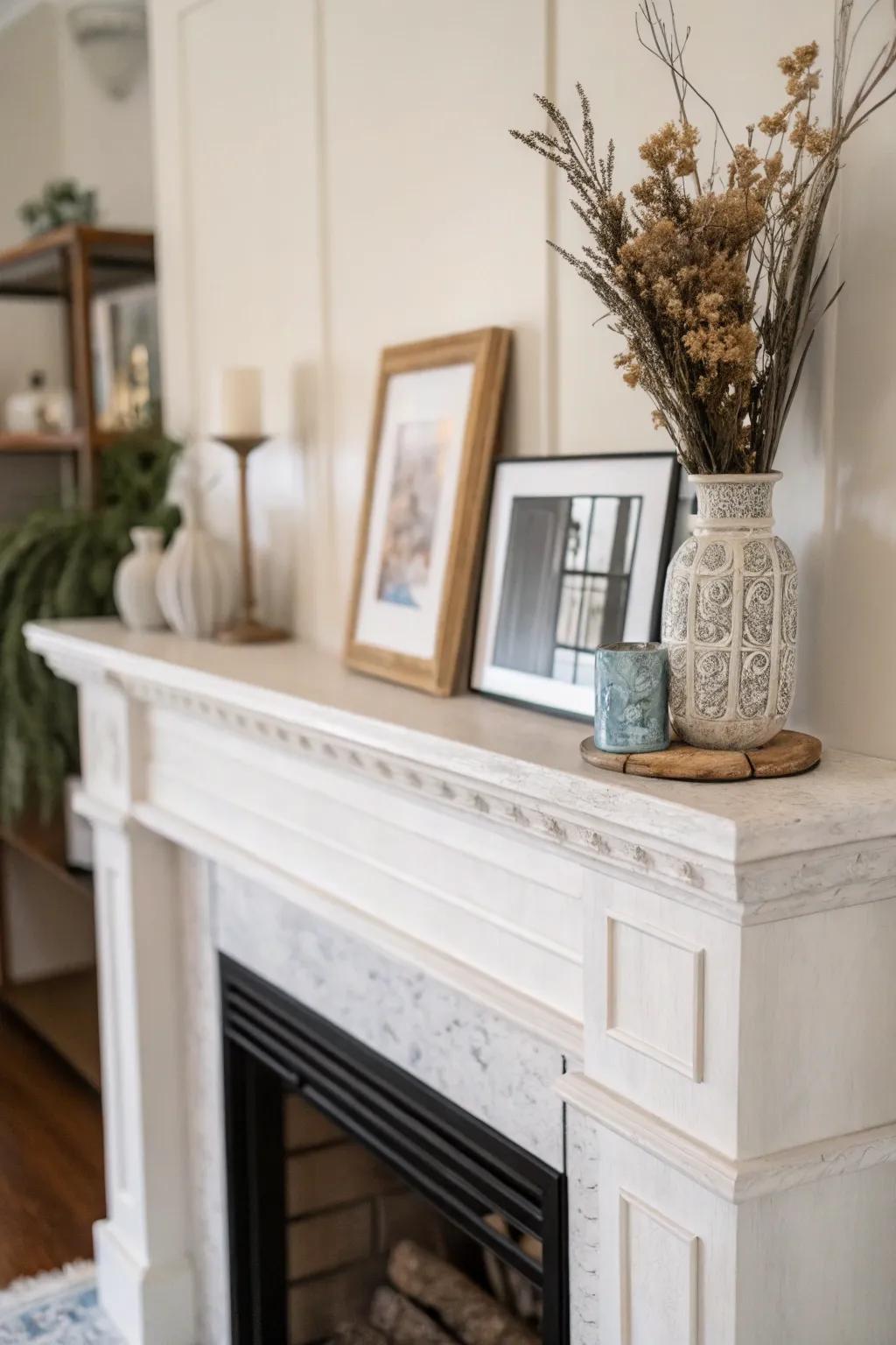 Minimalist styling crafting a pristine and serene mantel