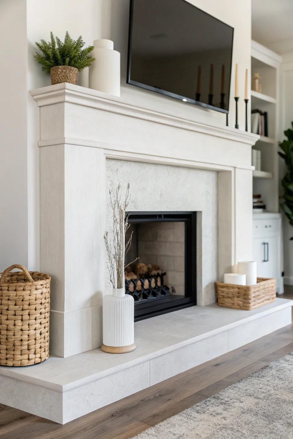A minimalist approach emphasizes the simplicity and elegance of the fireplace.