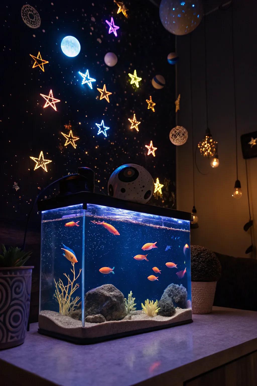 Embark on an interstellar journey with a space odyssey themed aquarium.