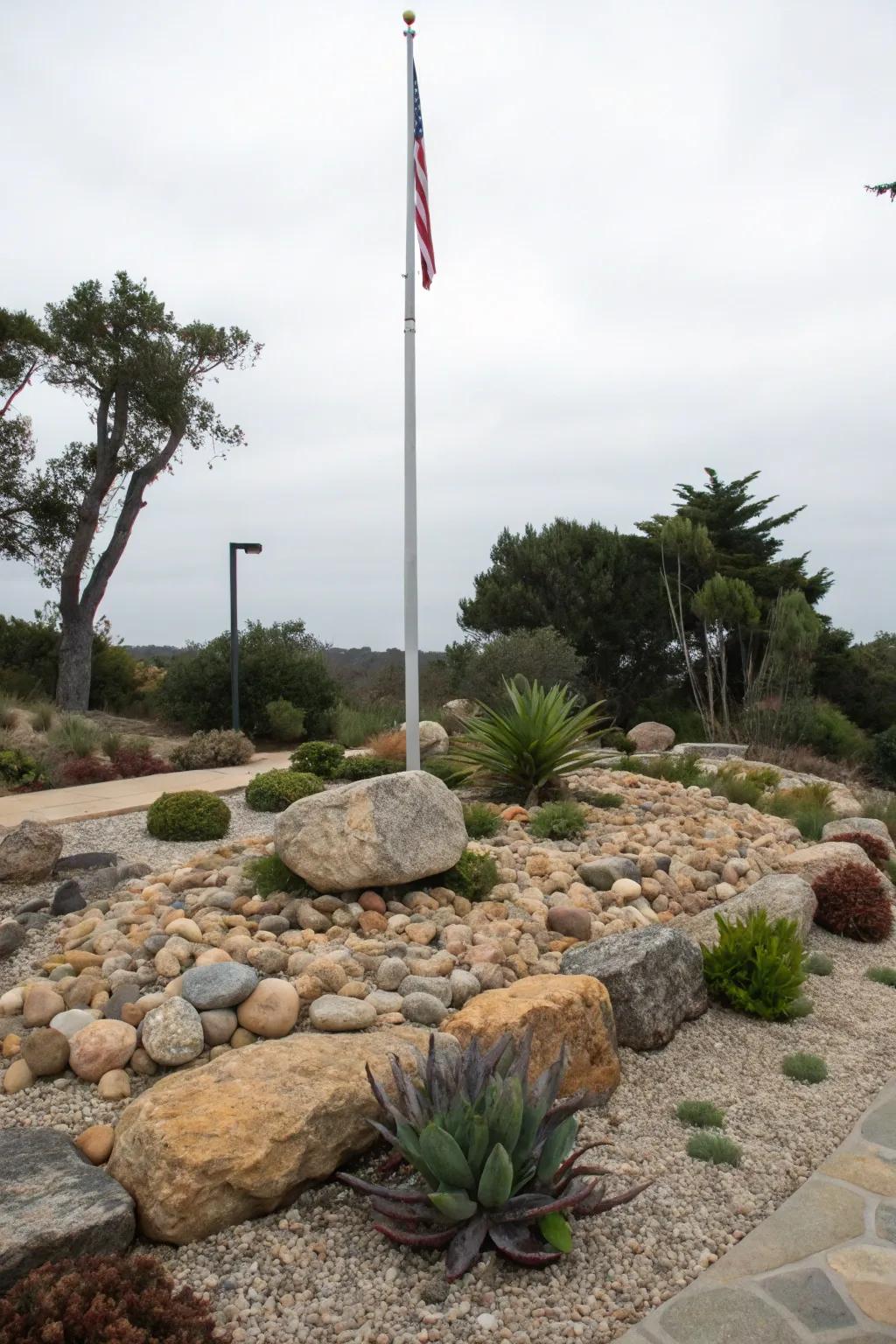 A rockery offers a tough and stylish scenery around a flagpole.