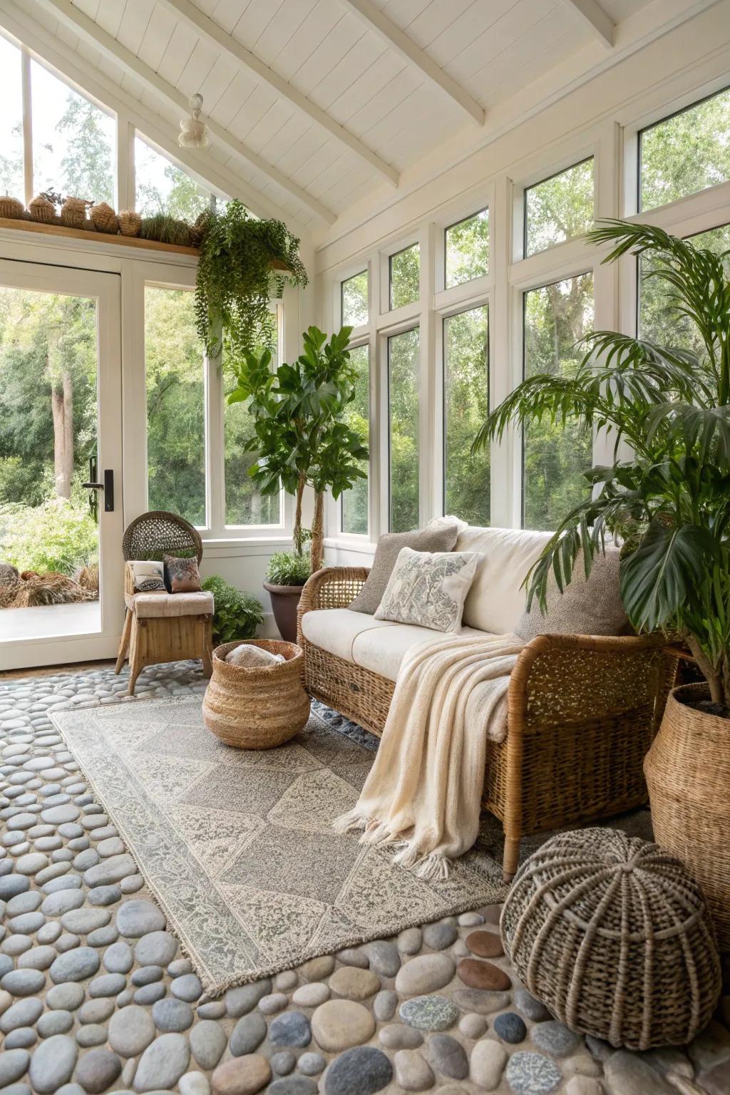 Spa-esque sunroom featuring shingle square flooring.
