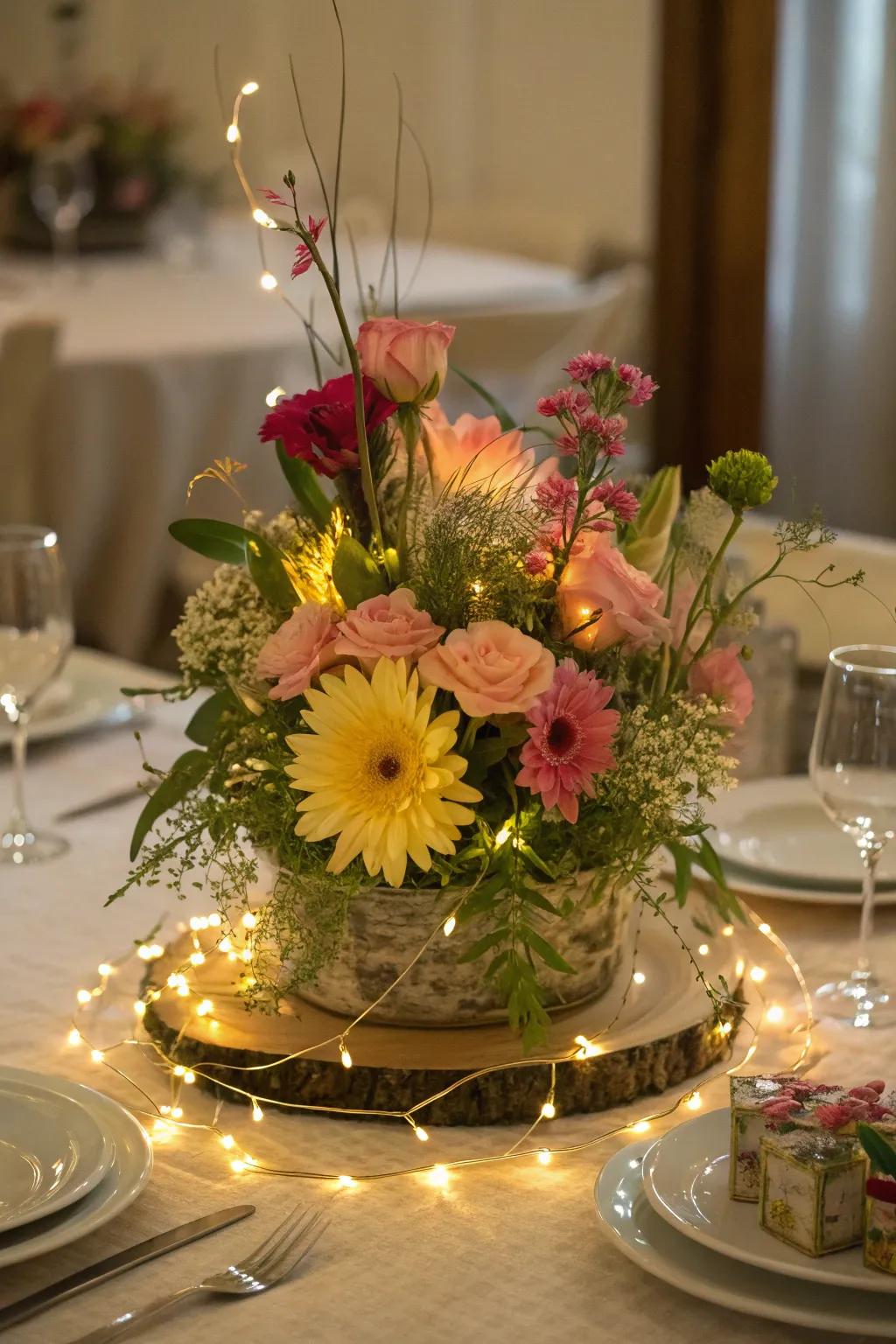 Whimsical fairy lights and flowers centerpiece, adding a magical touch to your evening decor.
